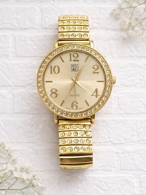 NY & C  Gold-Tone Rhinestone Bezel Watch Stretch Band Quartz Needs Battery